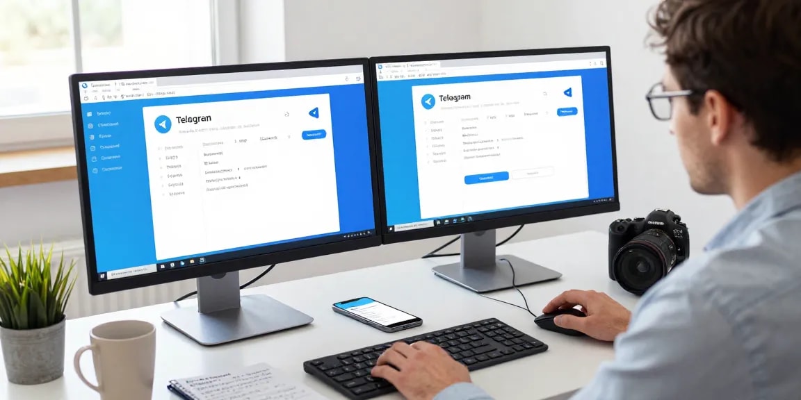 Setting up Telegram Chinese Version on desktop with modern workspace elements and user engaged in the process.