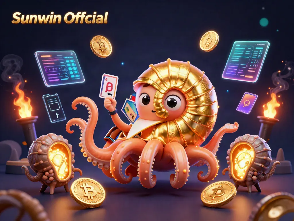 Experience thrilling gameplay at Sunwin Official with a vibrant 3D illustration featuring a giant nautilus holding cards.
