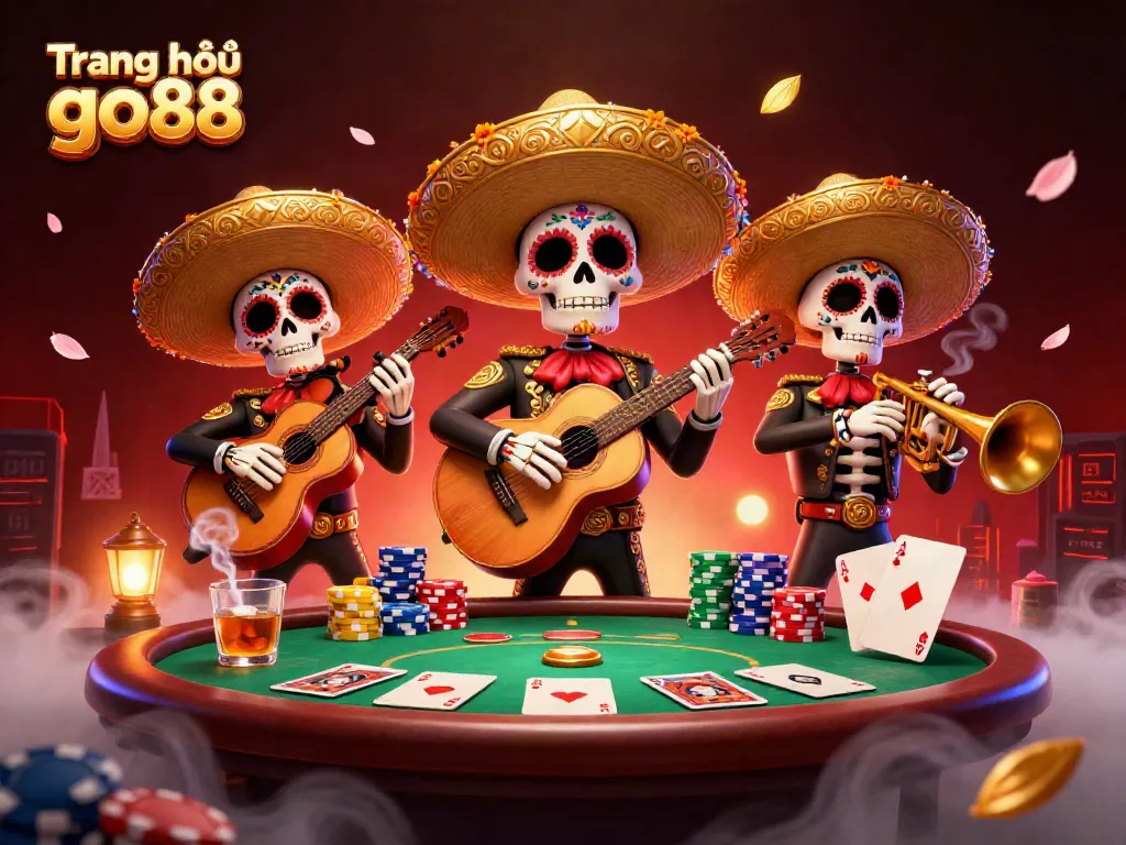 Experience excitement with Trang chủ go88 as vibrant mariachi skeletons amplify poker action around colorful chips.