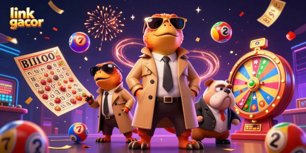 Experience the thrill of link gacor in a vibrant casino scene featuring raptors and a bouncer bulldog.
