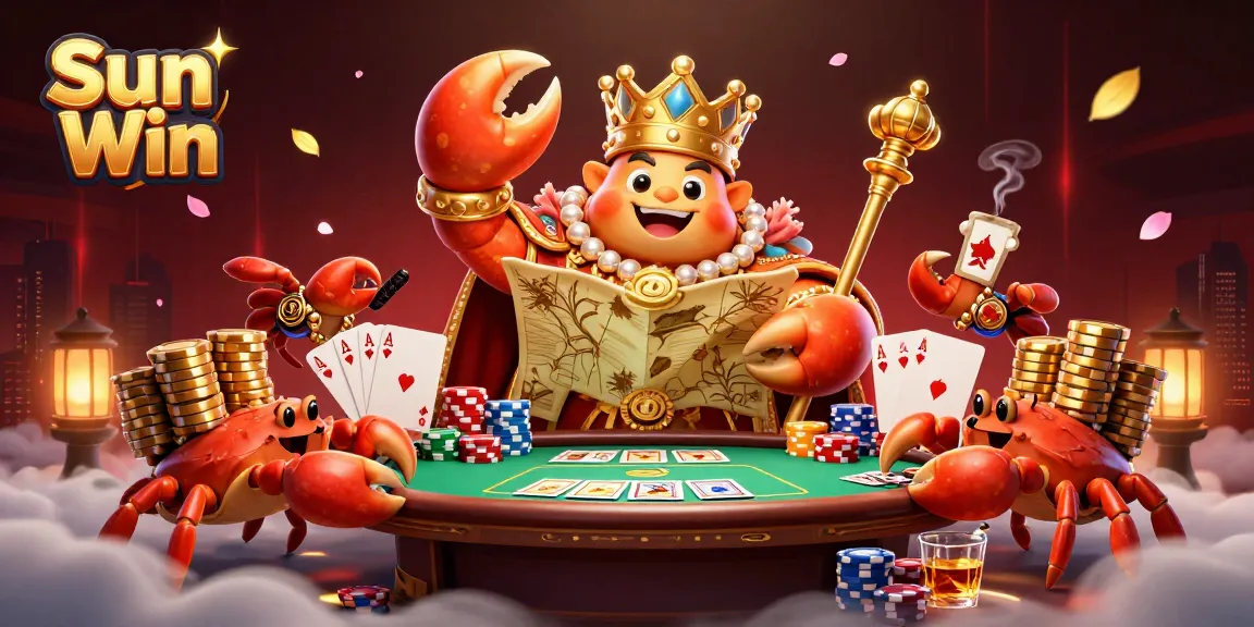 Engage in Sun Win's vibrant casino experience with a golden crab emperor and treasure-filled atmosphere.