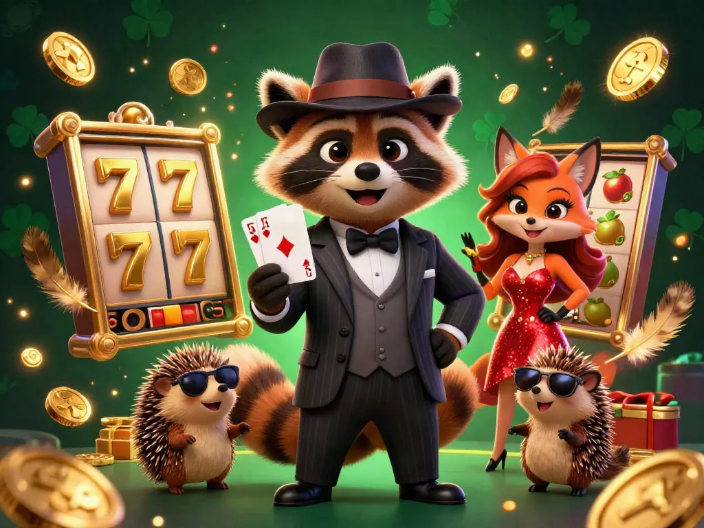 Experience the thrill of online gaming with link gacor in this vibrant illustration featuring a raccoon, fox lady, and hedgehog in a casino setting.