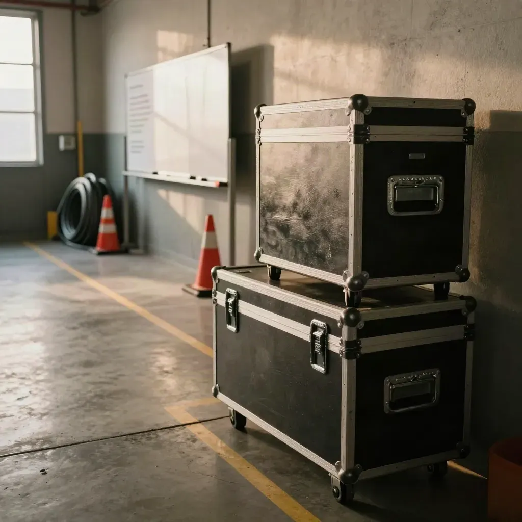 Stapel roadcases met vloerlijnen en een wit missieboard in een rustige projecthoek.