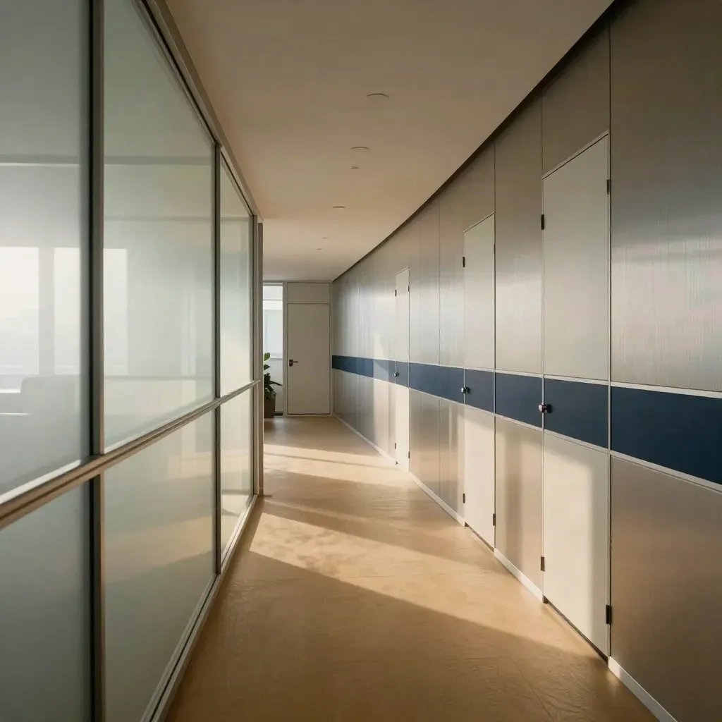 Bovenaanzicht van een samengevoegde kantoorcorridor met uniforme opslag en frosted glas.
