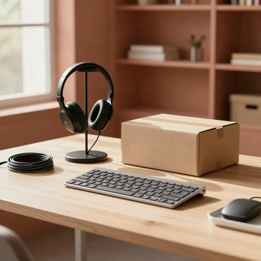 Workstation met headsetstandaard, reservekeyboard en overdrachtsdoos in warm ochtendlicht.