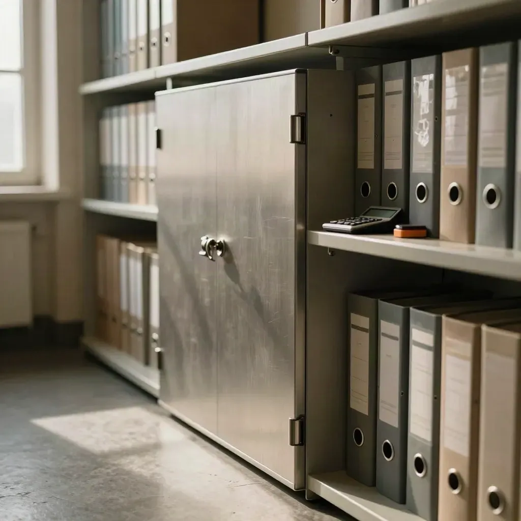 Financieel archief met gesloten kasten, ordners, rekenmachine en stempelkussen in warm daglicht.