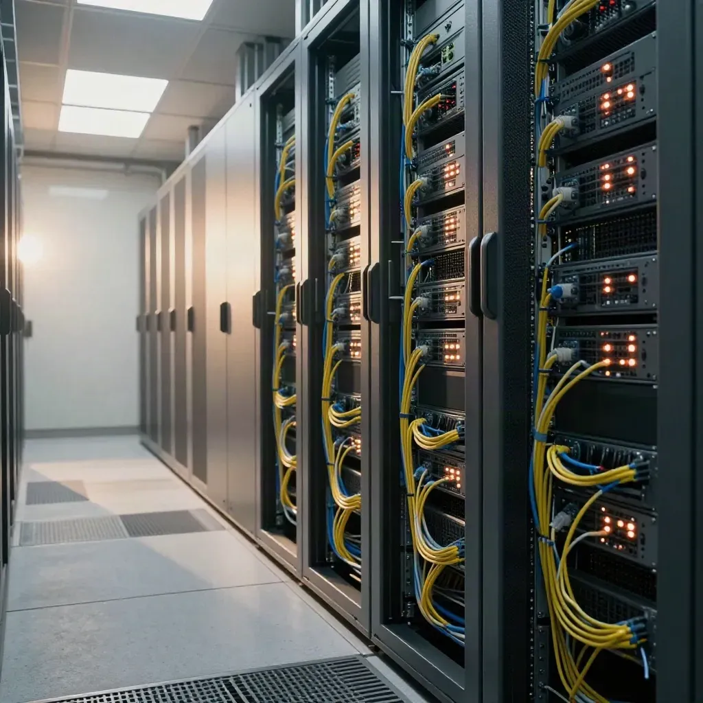 Serverruimte met racklampen, kabels en een strak migratiepad, gefotografeerd vanuit laag gangpadniveau.