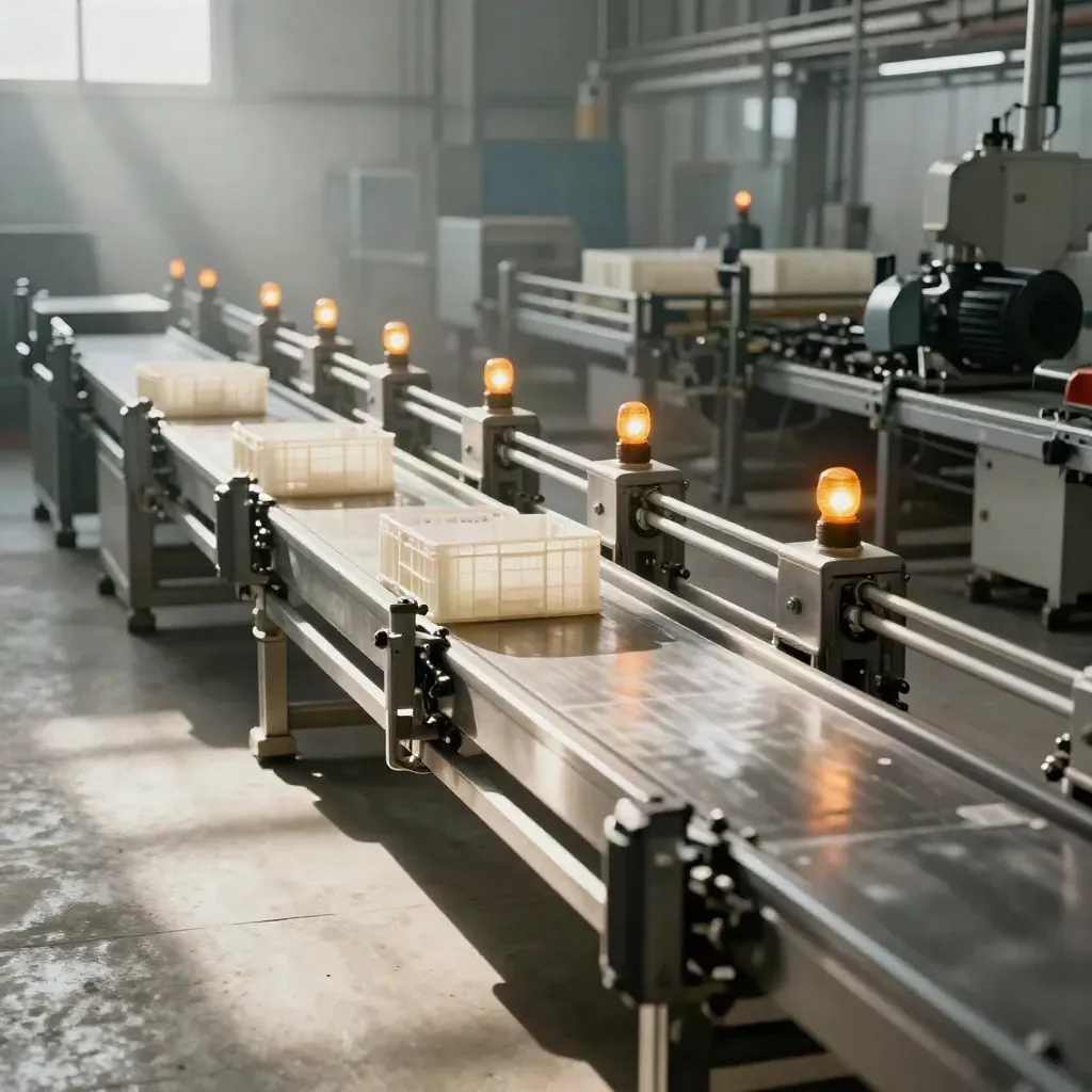 Laag in een fabriekshal met lopende transportbanden, kratten en oranje statuslampen.