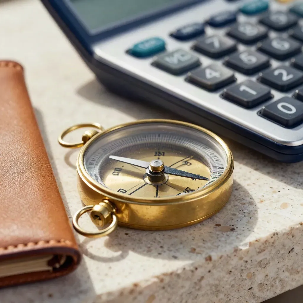 Extreme macro van een brass kompas, calculator en leren map op travertin, met zachte blauwe gloed.