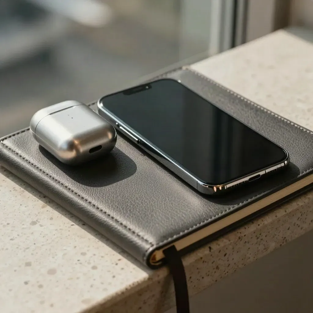 Macrofoto van smartphone, oortjescase en notitieboek op travertin in kantoor