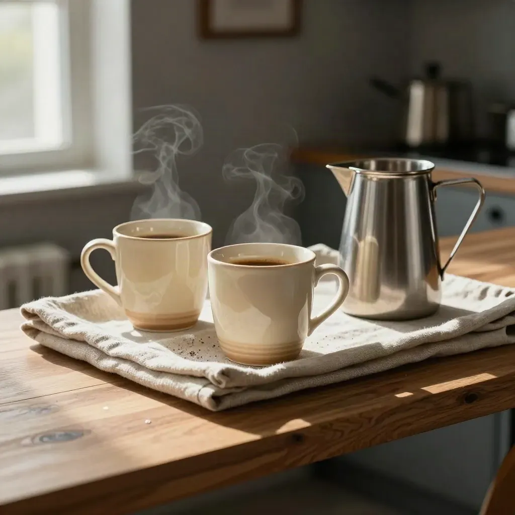 Twee espressokopjes met karaf op een linnen dienblad in een warme pantry.