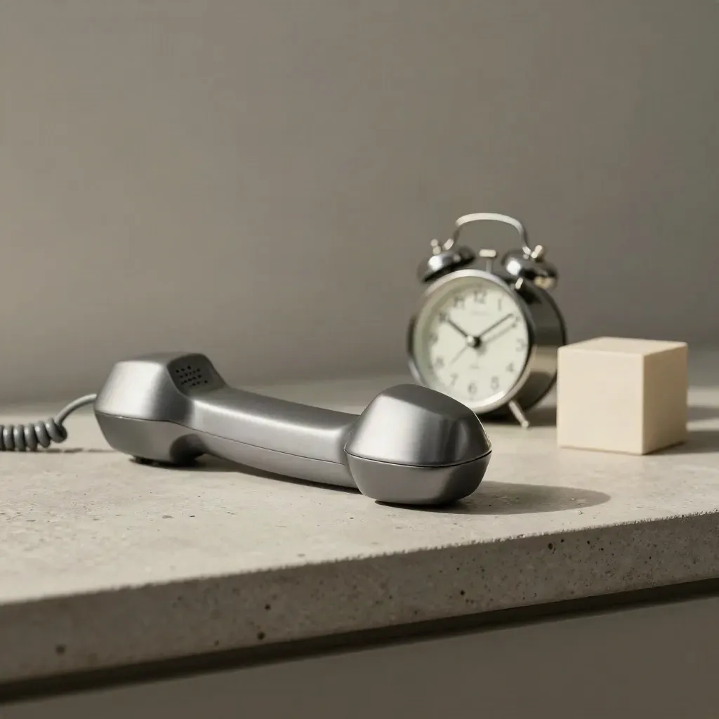 Landelijke telefoon op cradle naast klokje en notitieblok op stenen plank.