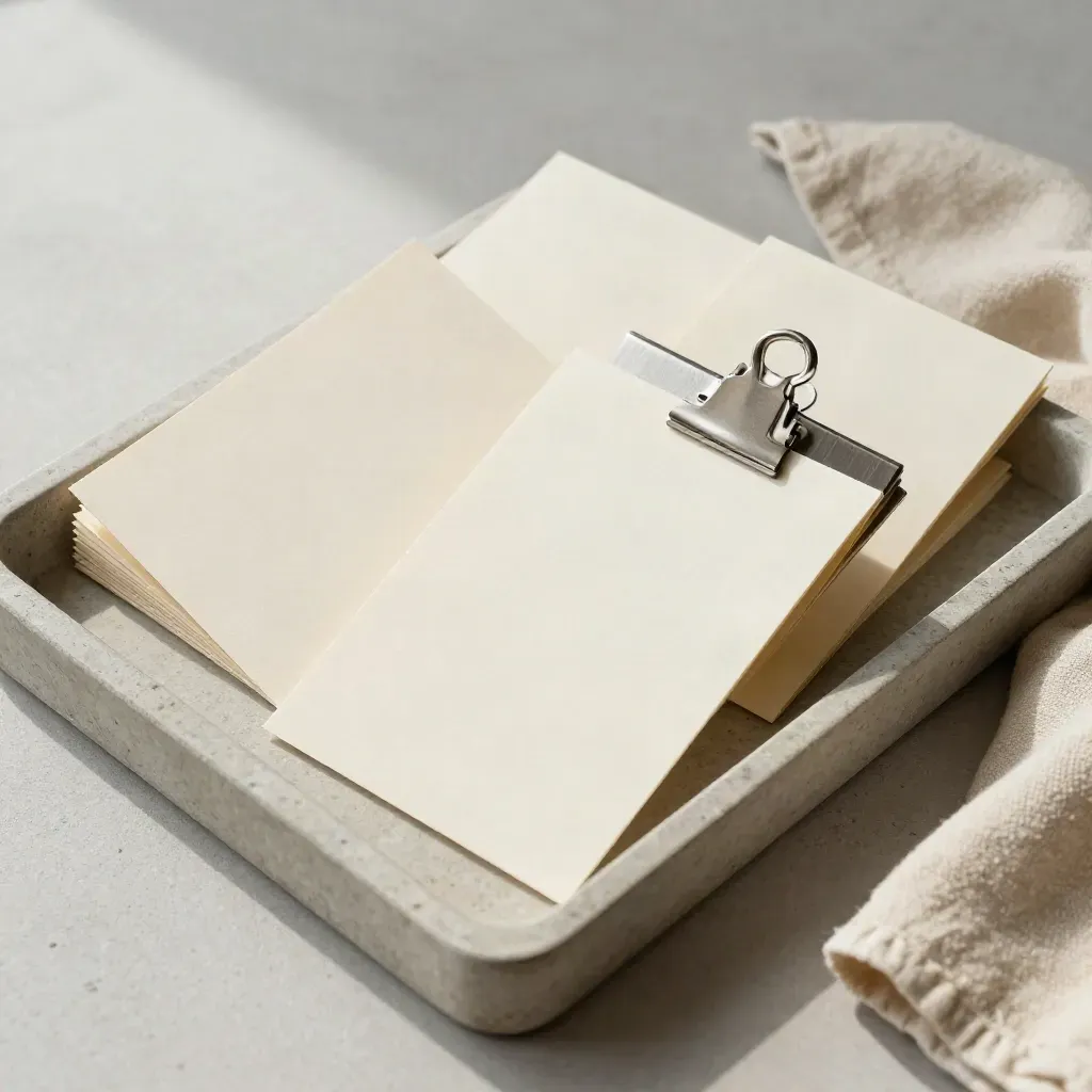 Minimalistische tray met vier profielen, metalen scheider en paperclips op steen.