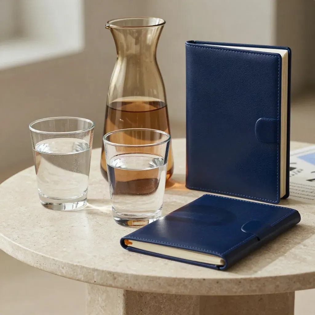 Twee waterglazen, karaf en gesloten folio op een lichte vergadertafel.