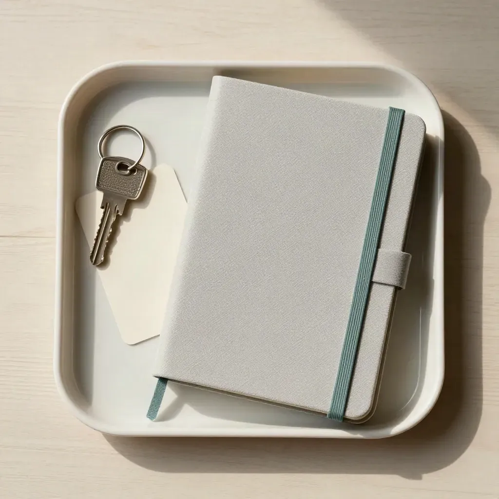 Bovenaanzicht van sleutelhanger, toegangskaart en dicht notitieboek op licht hout.