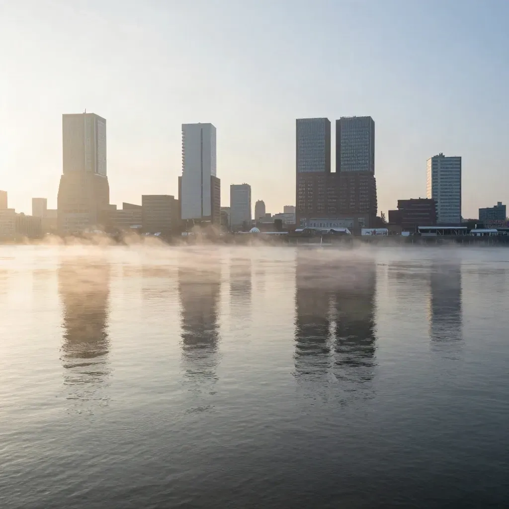 Randstad skyline met Rotterdamse torens boven mistig rivierwater in zacht ochtendlicht