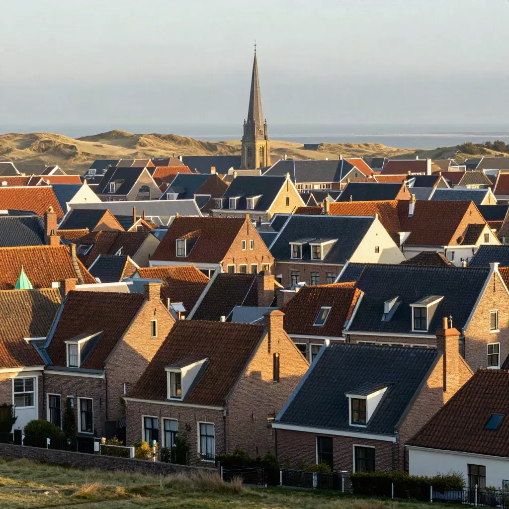 Haarlemse daken bij duinrand in warm avondlicht met mistige horizon