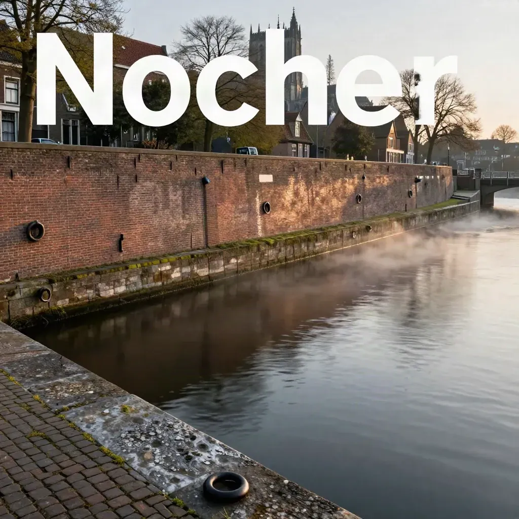 Brabantse kade met stil kanaalwater en kerksilhouet bij avondlicht.