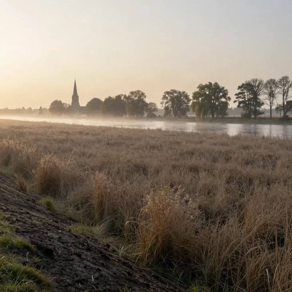Mistig rivierlandschap in Oost-Nederland met meersen, bomenrij en verre toren bij schemering.