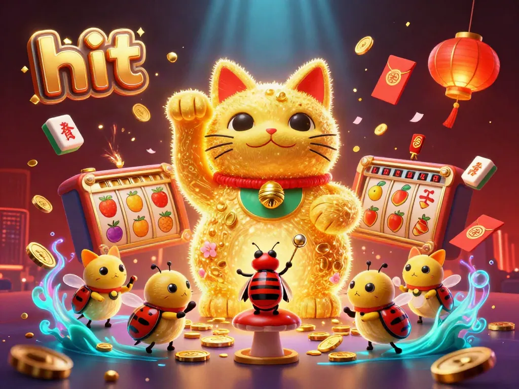 Hit showcases a lucky cat formed by golden fireflies amidst vibrant casino elements.