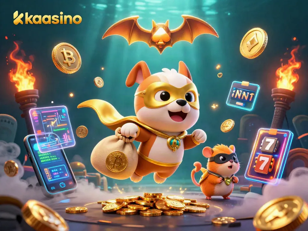 Win big with kaasino as a superhero dog flies over a vibrant casino scene filled with gold.