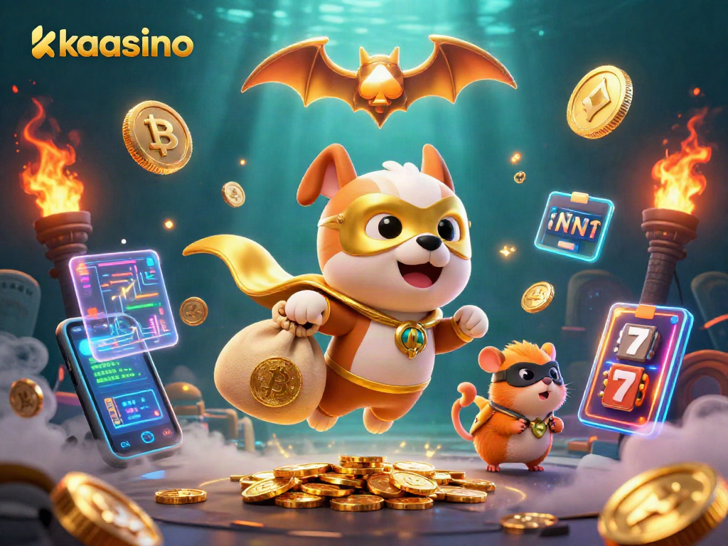 Win big with kaasino as a superhero dog flies over a vibrant casino scene filled with gold.