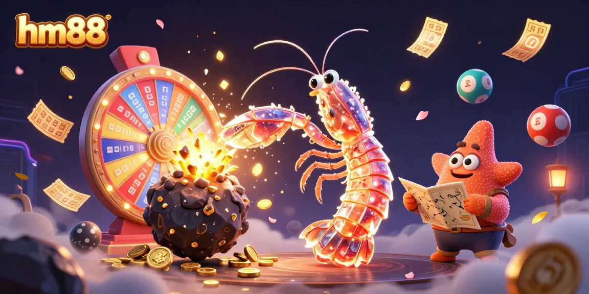 Engage in thrilling gaming experiences with hm88 as the mantis shrimp punches through an asteroid, revealing gems and coins.