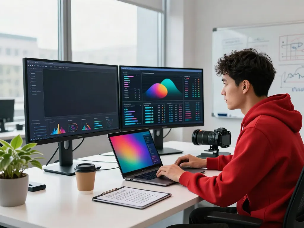 AI visibility tracking pricing analytics in a modern tech workspace with vibrant data displays.