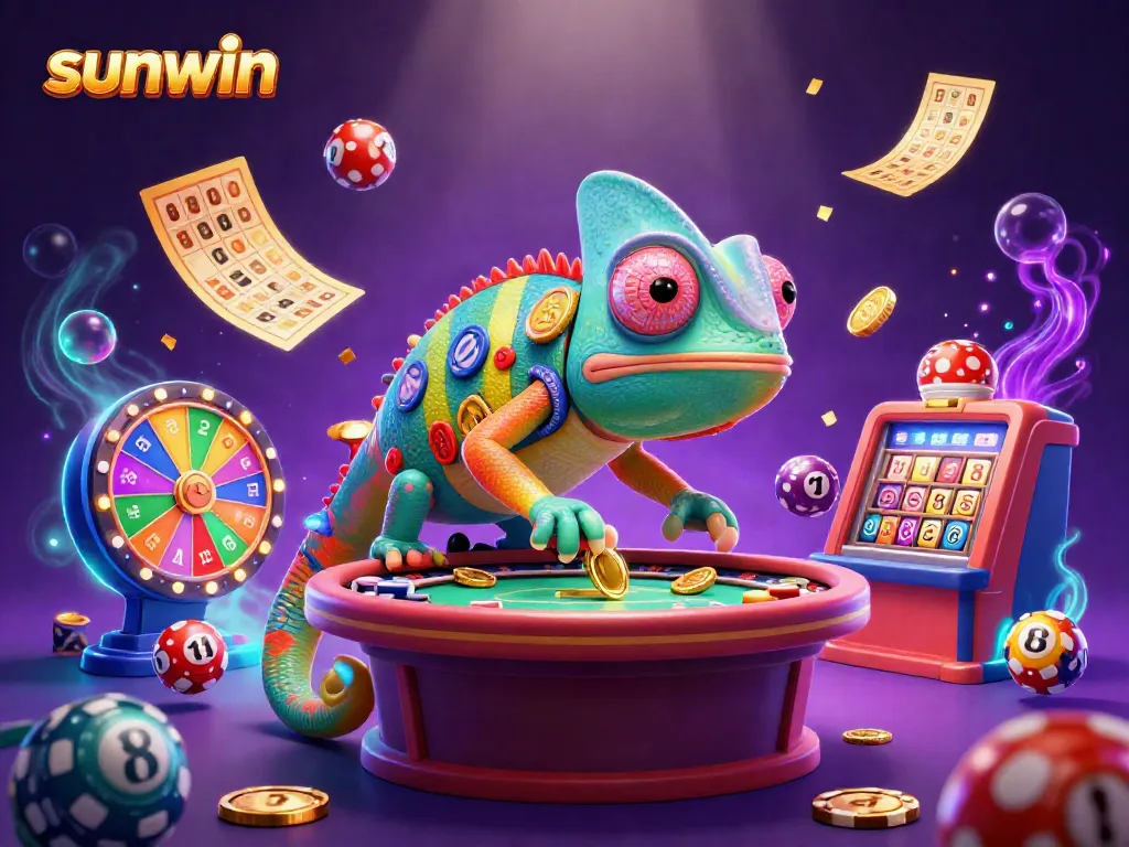 Engage in thrilling games of skill with Sunwin's vibrant casino scene, featuring a color-changing chameleon character.