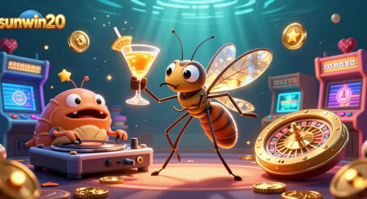 Experience sunwin20 excitement with a lively casino mascot and thrilling gaming elements.