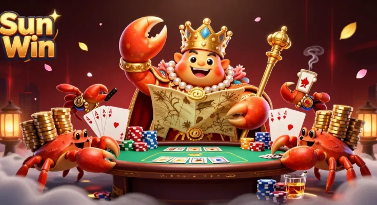 Engage in Sun Win's vibrant casino experience with a golden crab emperor and treasure-filled atmosphere.